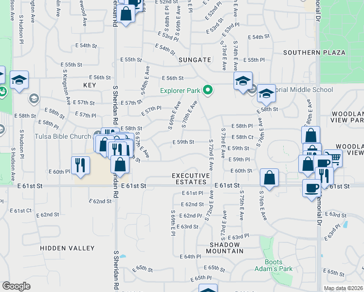 map of restaurants, bars, coffee shops, grocery stores, and more near 7023 East 60th Street in Tulsa