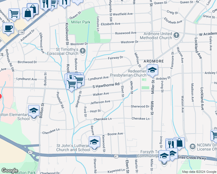 map of restaurants, bars, coffee shops, grocery stores, and more near 1145 South Hawthorne Road in Winston-Salem