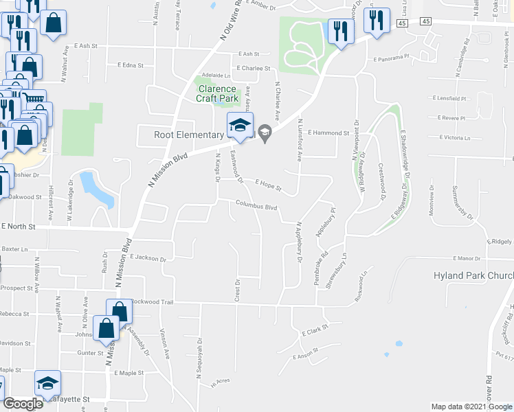 map of restaurants, bars, coffee shops, grocery stores, and more near Columbus Blvd in Fayetteville