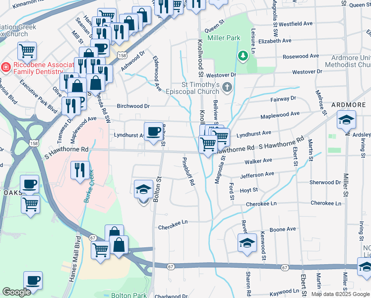 map of restaurants, bars, coffee shops, grocery stores, and more near 1526 South Hawthorne Road in Winston-Salem
