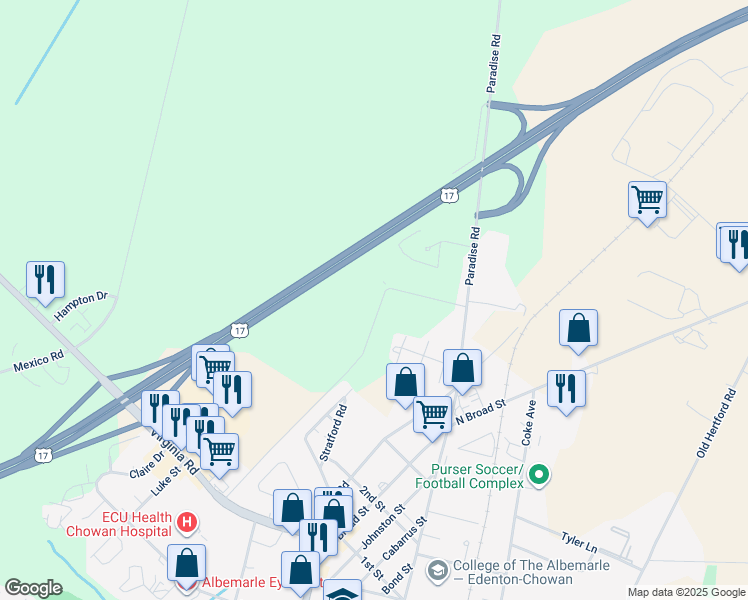 map of restaurants, bars, coffee shops, grocery stores, and more near 1311 Paradise Road in Edenton