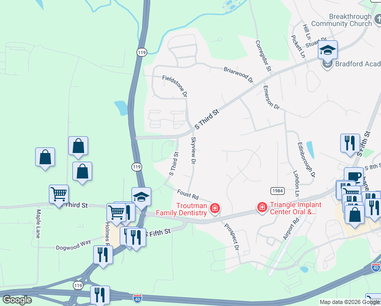 map of restaurants, bars, coffee shops, grocery stores, and more near 1229 Skyview Drive in Mebane