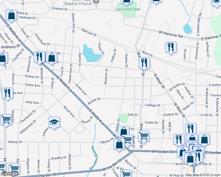 map of restaurants, bars, coffee shops, grocery stores, and more near 805 Buckner Street in Graham