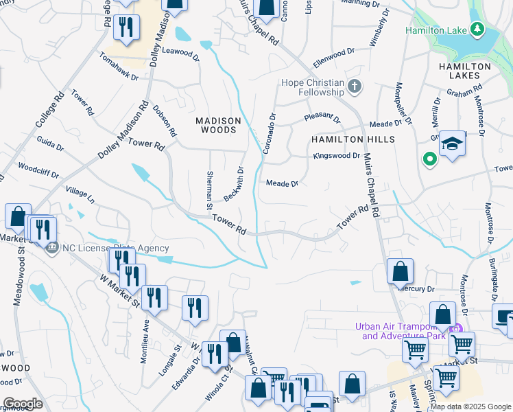 map of restaurants, bars, coffee shops, grocery stores, and more near 4825 Ferncrest Drive in Greensboro