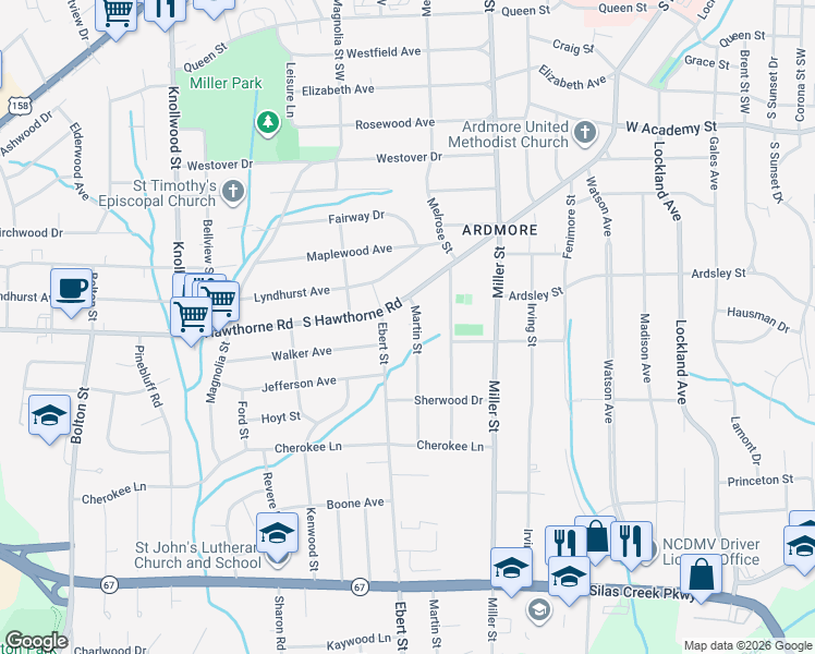 map of restaurants, bars, coffee shops, grocery stores, and more near 1036 Martin Street in Winston-Salem