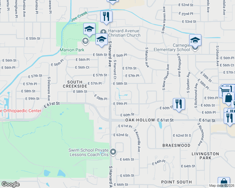 map of restaurants, bars, coffee shops, grocery stores, and more near 3407 East 59th Street in Tulsa