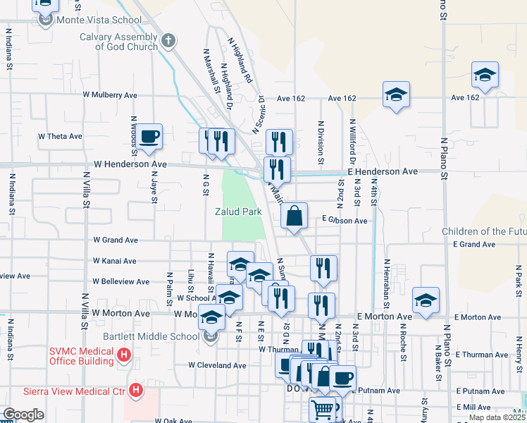 map of restaurants, bars, coffee shops, grocery stores, and more near 691 North Sunnyside Street in Porterville