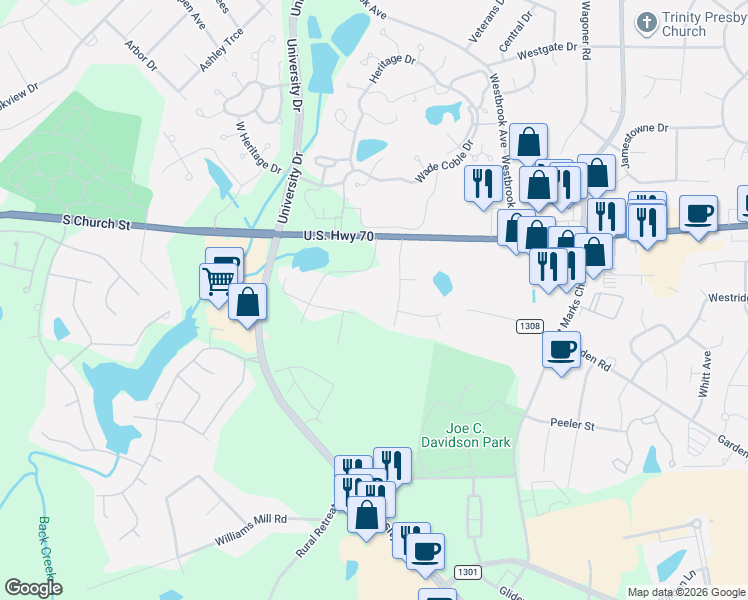 map of restaurants, bars, coffee shops, grocery stores, and more near 1040 Glenview Lane in Burlington