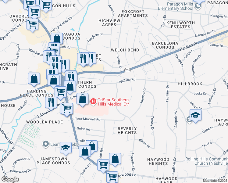 map of restaurants, bars, coffee shops, grocery stores, and more near 339 Wallace Road in Nashville