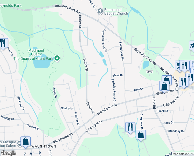 map of restaurants, bars, coffee shops, grocery stores, and more near 1719 Butler Street in Winston-Salem