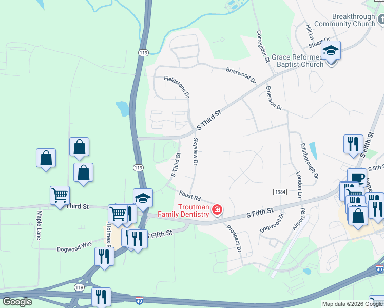 map of restaurants, bars, coffee shops, grocery stores, and more near 1224 Skyview Drive in Mebane