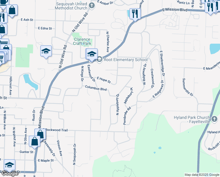 map of restaurants, bars, coffee shops, grocery stores, and more near 1547 East Hope Street in Fayetteville