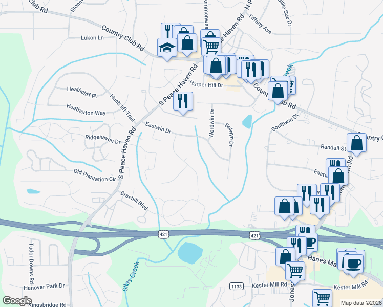 map of restaurants, bars, coffee shops, grocery stores, and more near 4901 Gladwyn Drive in Winston-Salem