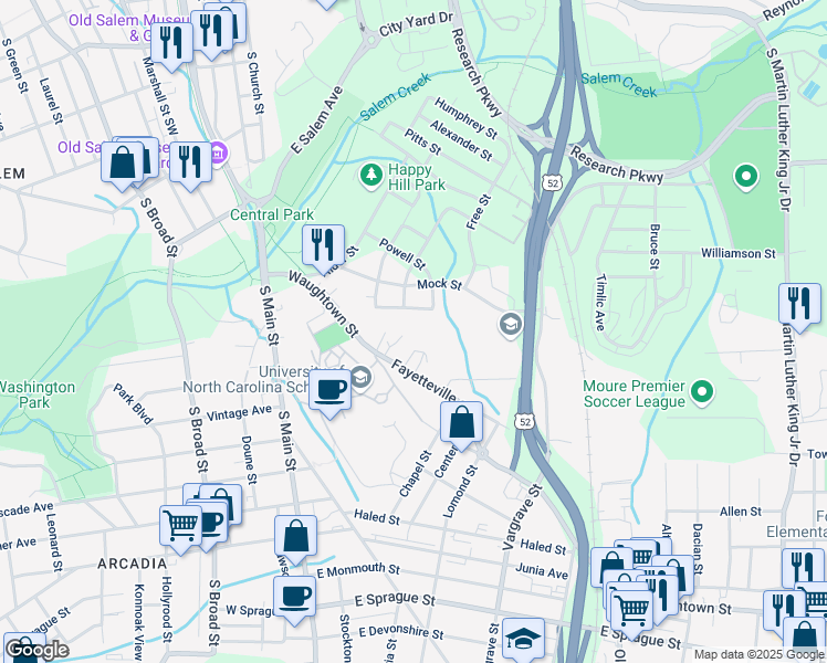 map of restaurants, bars, coffee shops, grocery stores, and more near 187 Fayetteville Street Southeast in Winston-Salem