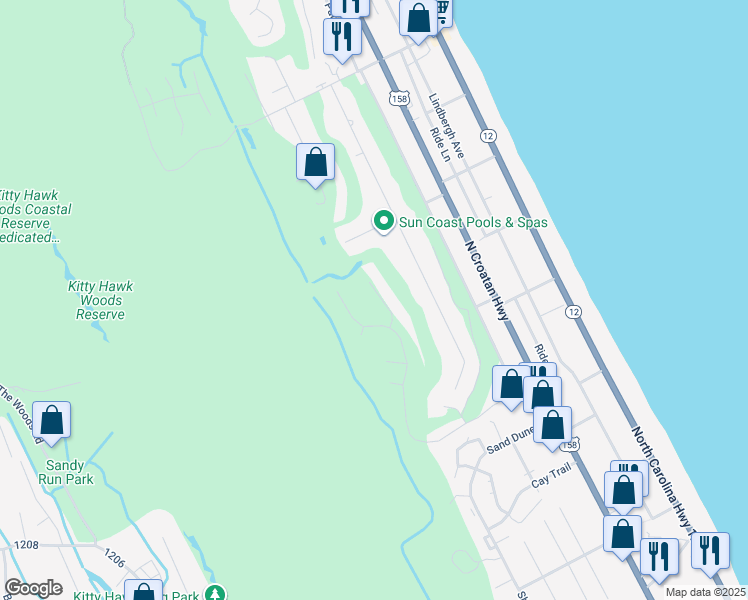 map of restaurants, bars, coffee shops, grocery stores, and more near 4316 Shady Lane in Kitty Hawk