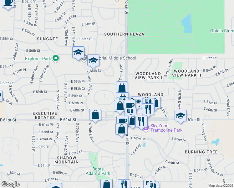 map of restaurants, bars, coffee shops, grocery stores, and more near 2 South 80th East Avenue in Tulsa