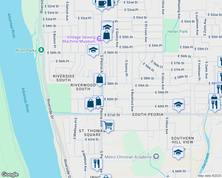 map of restaurants, bars, coffee shops, grocery stores, and more near 1330 East 58th Street in Tulsa