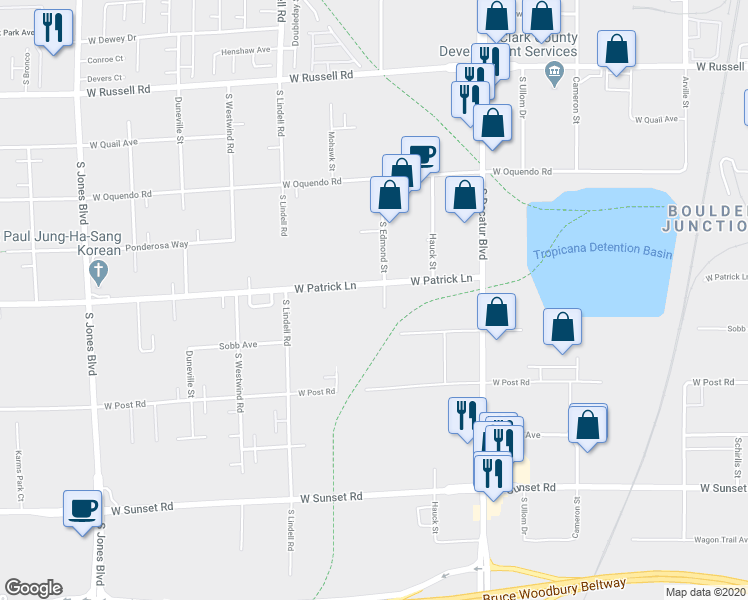 map of restaurants, bars, coffee shops, grocery stores, and more near 6151 South Edmond Street in Las Vegas