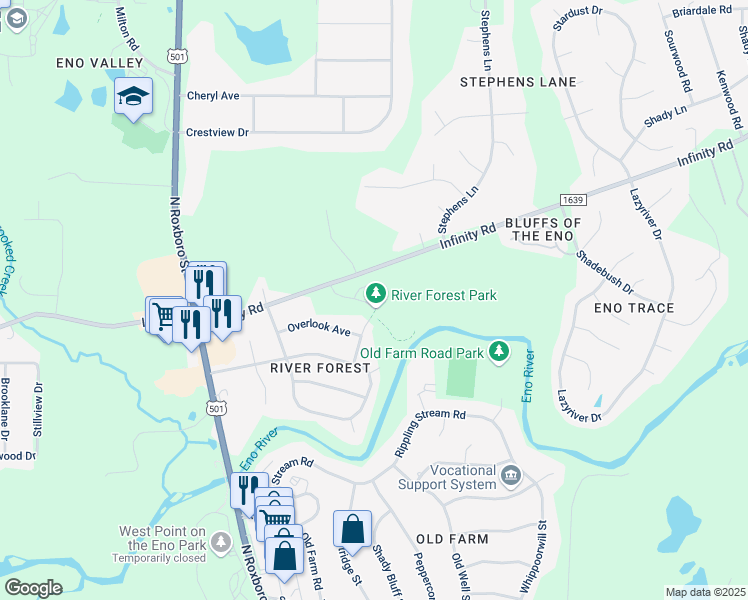 map of restaurants, bars, coffee shops, grocery stores, and more near 115 Windermere Drive in Durham