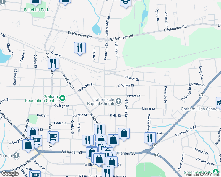 map of restaurants, bars, coffee shops, grocery stores, and more near 109 East Parker Street in Graham