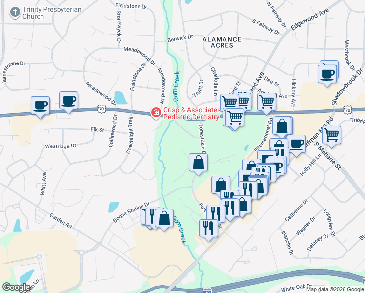 map of restaurants, bars, coffee shops, grocery stores, and more near 3111 Commerce Place in Burlington
