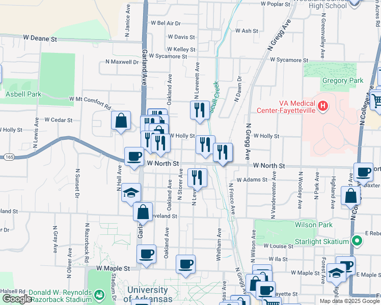 map of restaurants, bars, coffee shops, grocery stores, and more near 1137 North Leverett Avenue in Fayetteville