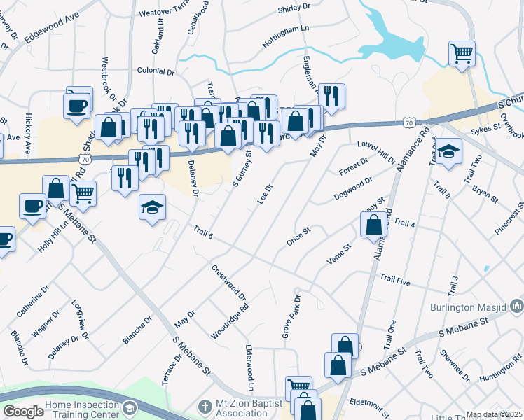 map of restaurants, bars, coffee shops, grocery stores, and more near 2263 May Drive in Burlington