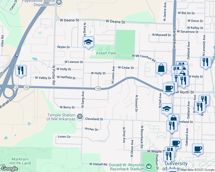 map of restaurants, bars, coffee shops, grocery stores, and more near 1808 West Wedington Drive in Fayetteville