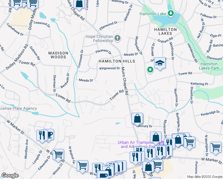 map of restaurants, bars, coffee shops, grocery stores, and more near 4814 Tower Road in Greensboro
