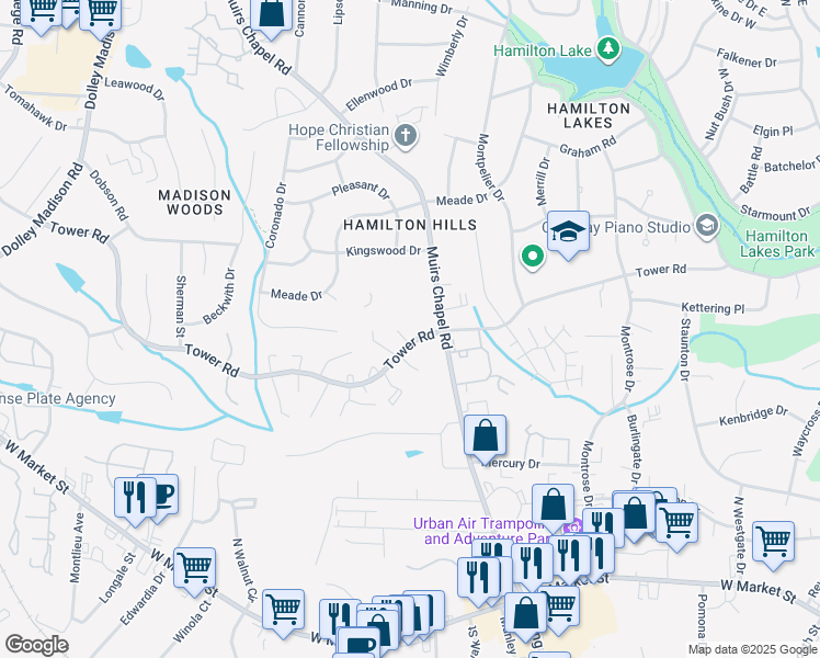 map of restaurants, bars, coffee shops, grocery stores, and more near 4816 Tower Road in Greensboro