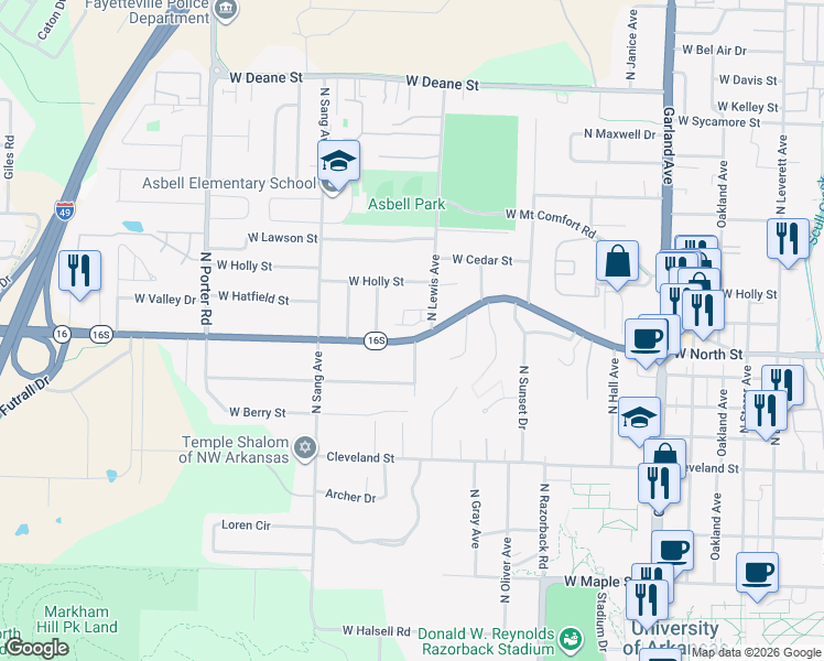map of restaurants, bars, coffee shops, grocery stores, and more near 1808 West Wedington Drive in Fayetteville