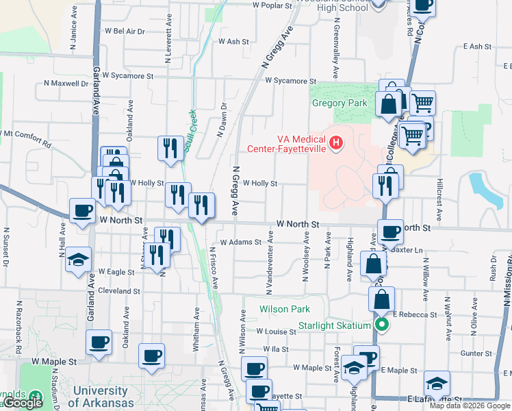 map of restaurants, bars, coffee shops, grocery stores, and more near 488 West North Street in Fayetteville