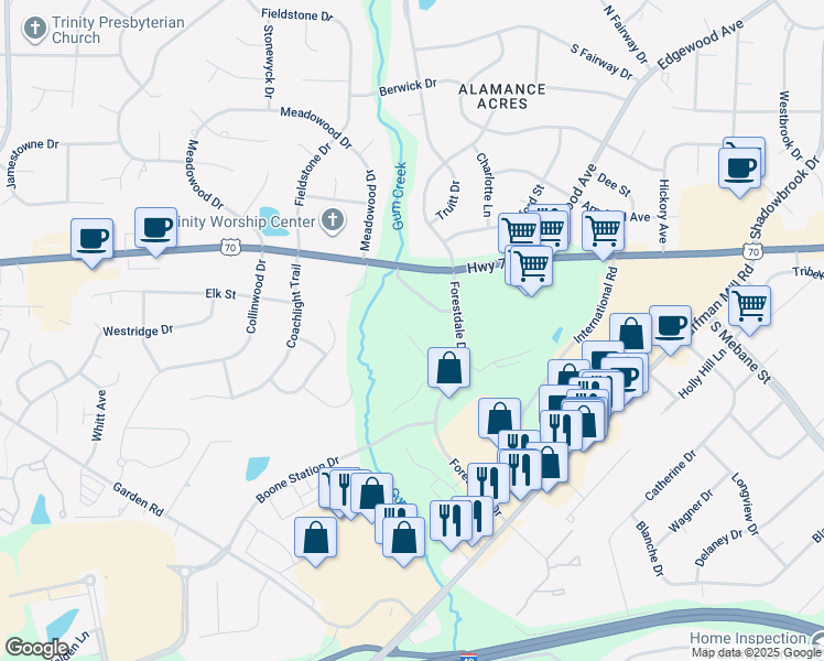 map of restaurants, bars, coffee shops, grocery stores, and more near 3487 Forestdale Drive in Burlington