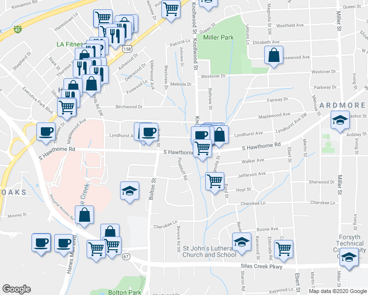 map of restaurants, bars, coffee shops, grocery stores, and more near 1526 South Hawthorne Road in Winston-Salem