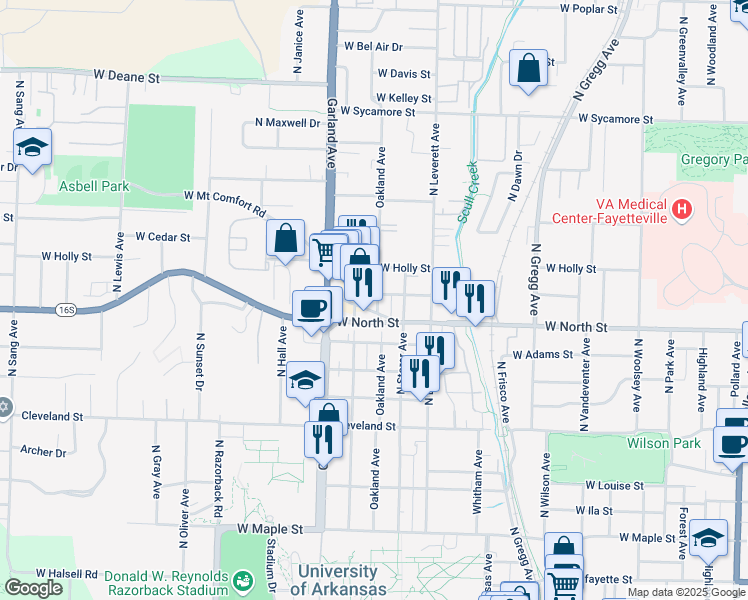 map of restaurants, bars, coffee shops, grocery stores, and more near 1138 Oakland Avenue in Fayetteville