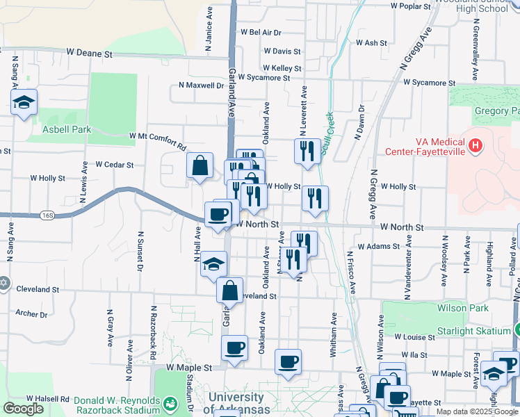 map of restaurants, bars, coffee shops, grocery stores, and more near 1138 Oakland Avenue in Fayetteville