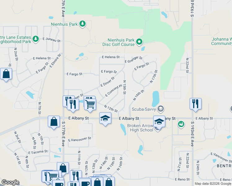 map of restaurants, bars, coffee shops, grocery stores, and more near 1413 East Concord Street in Broken Arrow