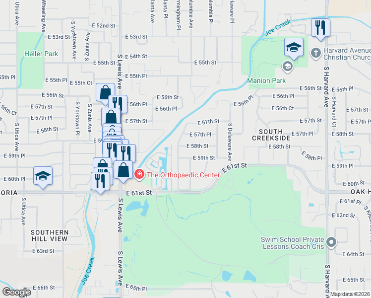map of restaurants, bars, coffee shops, grocery stores, and more near 2625 East 59th Street in Tulsa