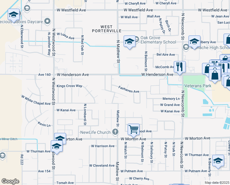map of restaurants, bars, coffee shops, grocery stores, and more near 799 Balmoral Drive in Porterville