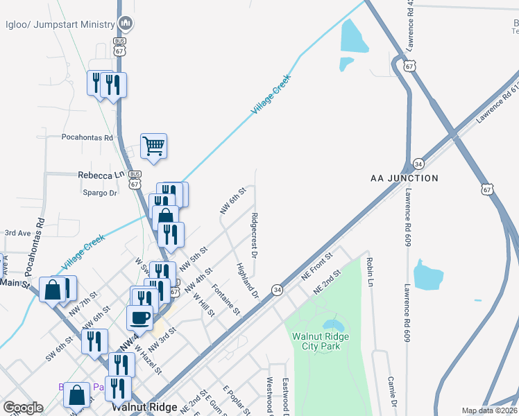 map of restaurants, bars, coffee shops, grocery stores, and more near 918 Northwest 5th Street in Walnut Ridge