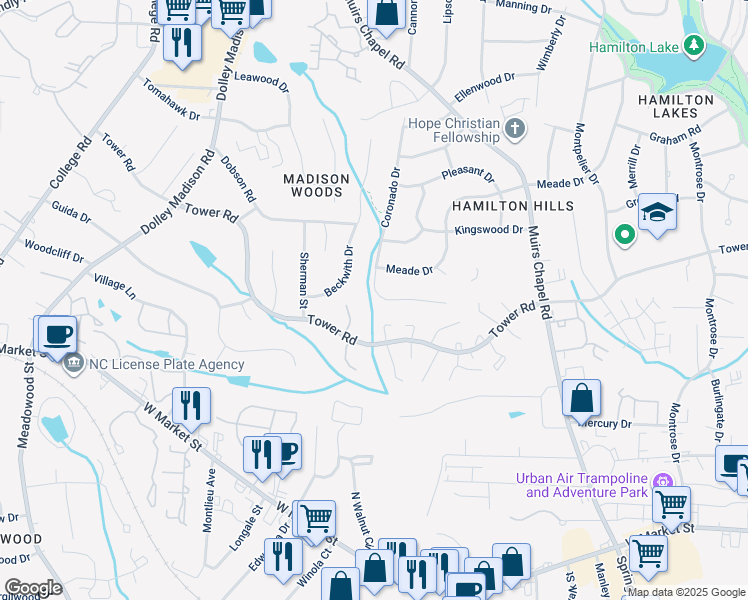 map of restaurants, bars, coffee shops, grocery stores, and more near 4825 Ferncrest Drive in Greensboro