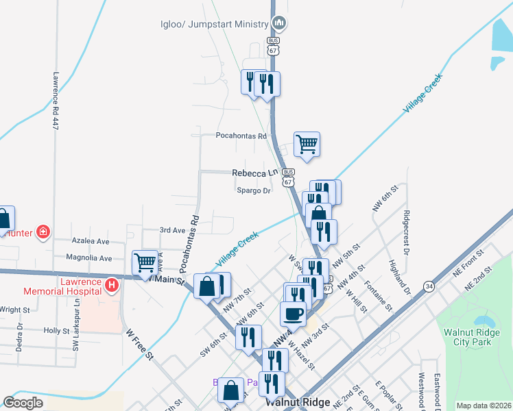 map of restaurants, bars, coffee shops, grocery stores, and more near 207 Rebecca Lane in Walnut Ridge