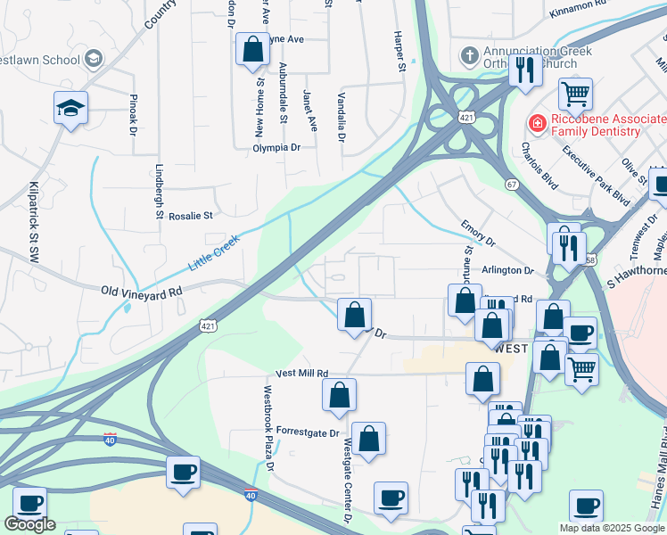 map of restaurants, bars, coffee shops, grocery stores, and more near 3411 Old Vineyard Road in Winston-Salem