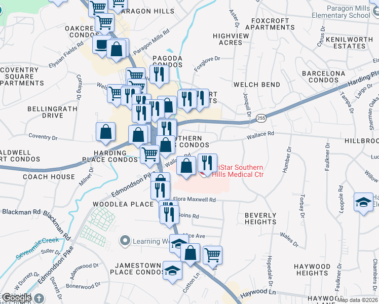 map of restaurants, bars, coffee shops, grocery stores, and more near 370 Wallace Road in Nashville
