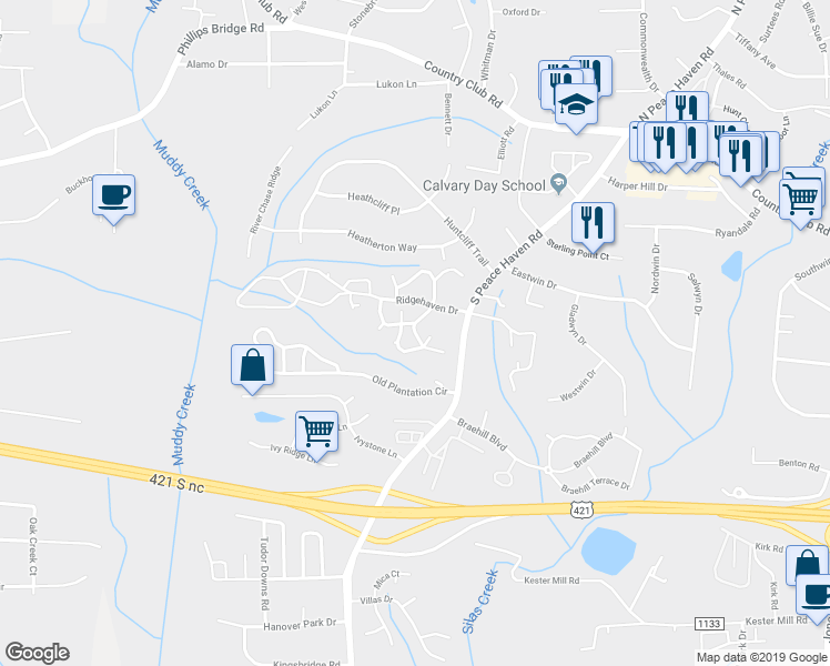 map of restaurants, bars, coffee shops, grocery stores, and more near 208 Barrington Place in Winston-Salem