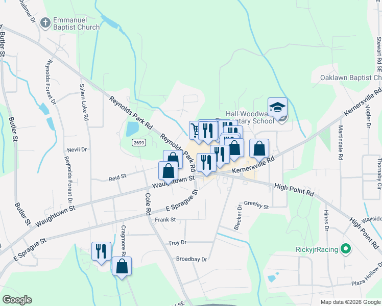 map of restaurants, bars, coffee shops, grocery stores, and more near 3009 Waughtown Street in Winston-Salem