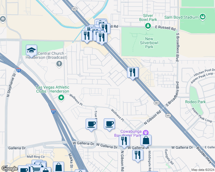 map of restaurants, bars, coffee shops, grocery stores, and more near 6489 Stone Dry Avenue in Henderson