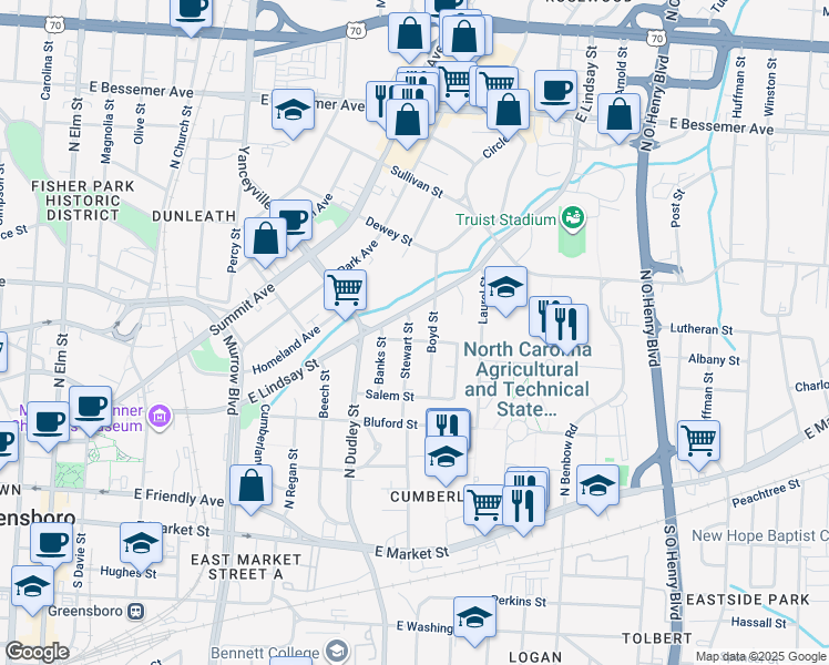 map of restaurants, bars, coffee shops, grocery stores, and more near 502 Stewart Street in Greensboro