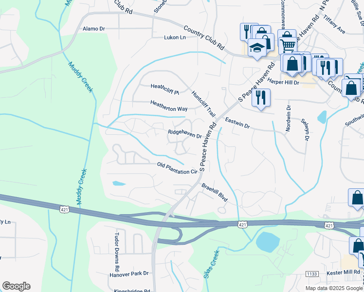 map of restaurants, bars, coffee shops, grocery stores, and more near 215 Barrington Place in Winston-Salem