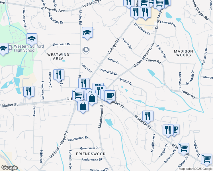 map of restaurants, bars, coffee shops, grocery stores, and more near 111 Dolley Madison Road in Greensboro